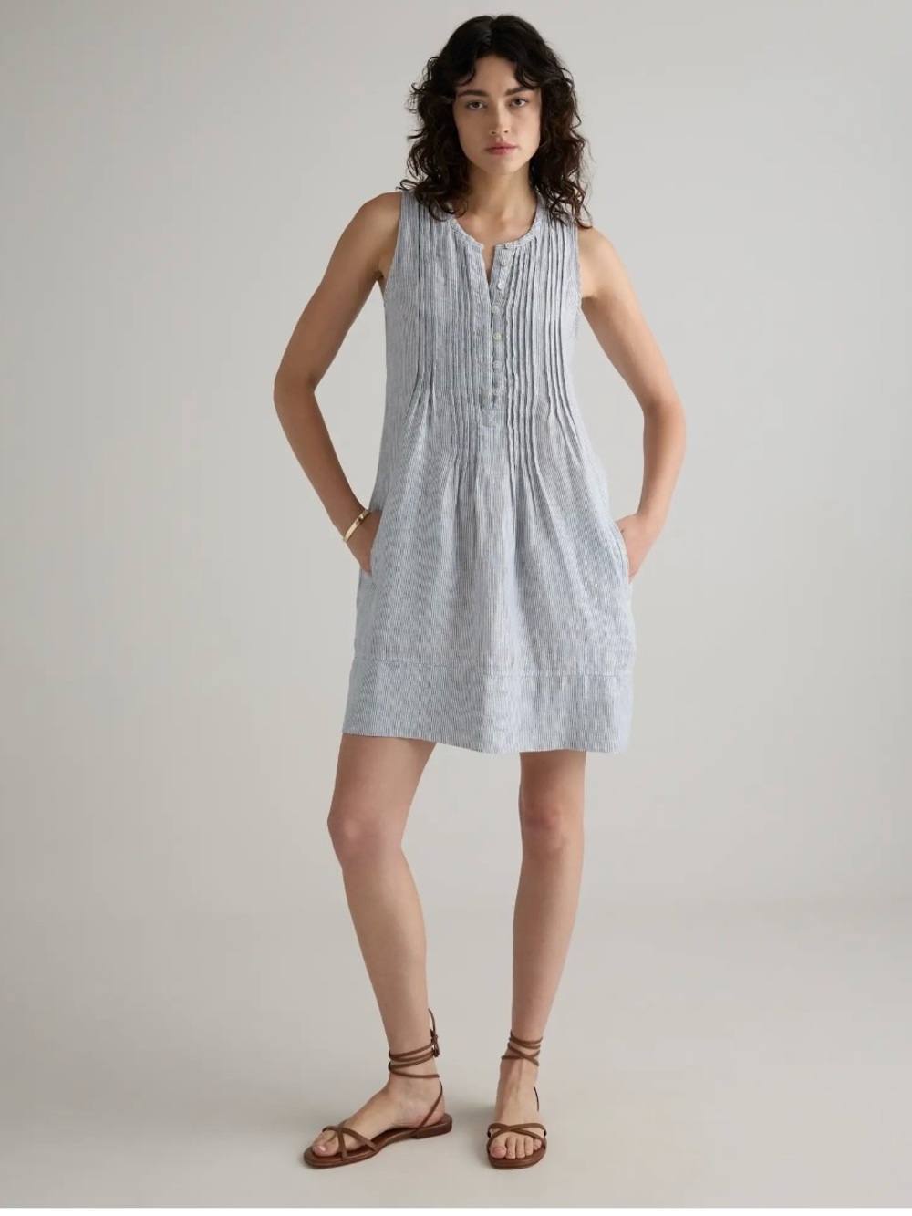 100% EUROPEAN LINEN  Light Blue Women’s Pintuck Swing Dress by; Quince